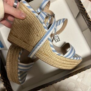Striped Blue and White Espadrille Wedge Sandals